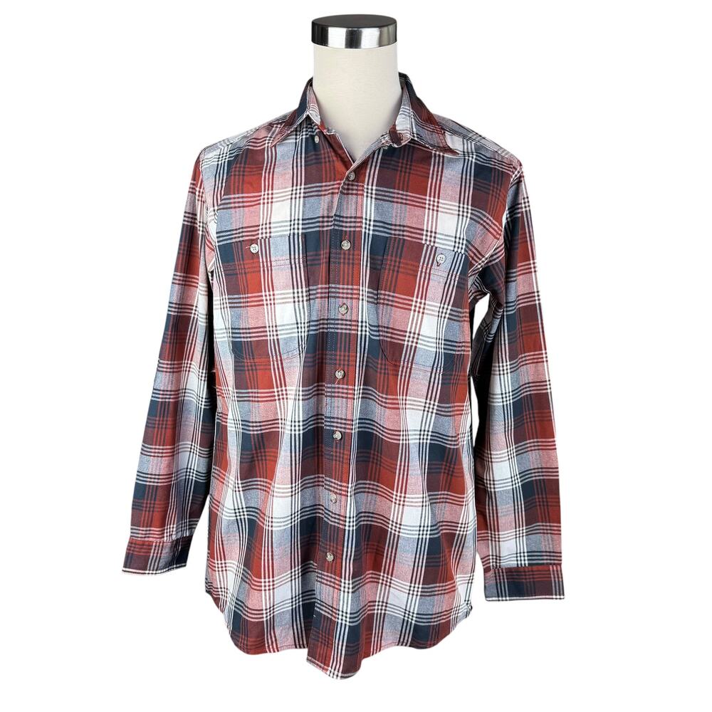 Wrangler Rugged Wear XL Plaid Flannel Shirt Red Blue Pearl Snap Pockets Western